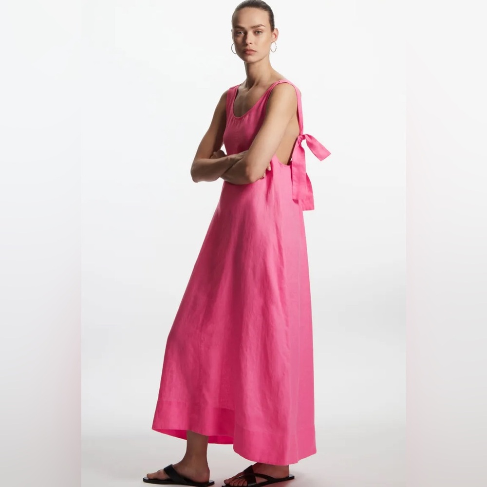 COS 100% Linen Gathered Midi Dress Tie Detail Size Small NWT